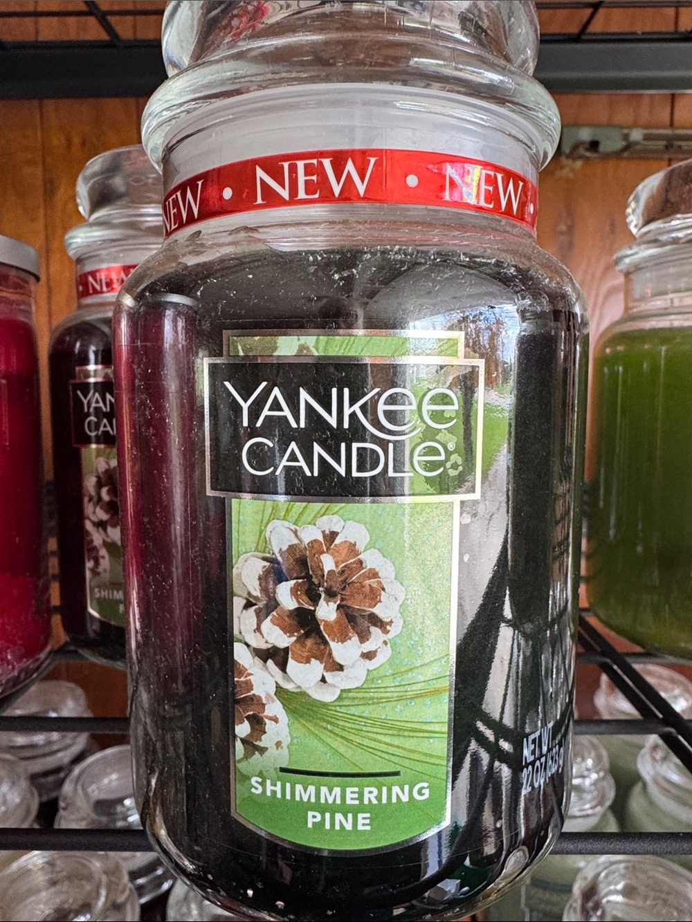 Yankee Candle Shimmering Pine Jar Candle - Dark Green with Red Accent